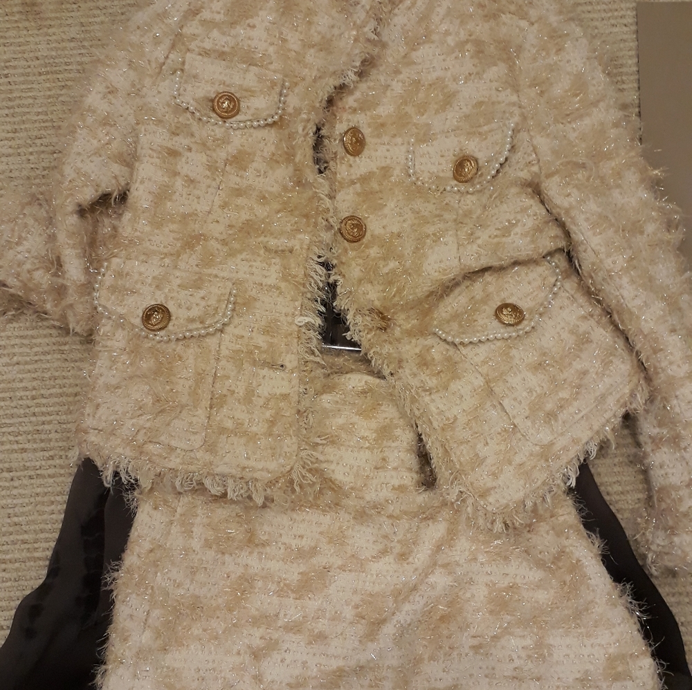 Fuzzy tweed and pearl skirt set